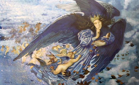 S. Huxley (20th C.) Cherubs and the North Wind, 30 x 48.5in.